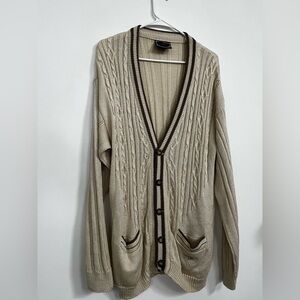 Men's Beige Cable-Textured Cardigan with Brown Contrast Trim